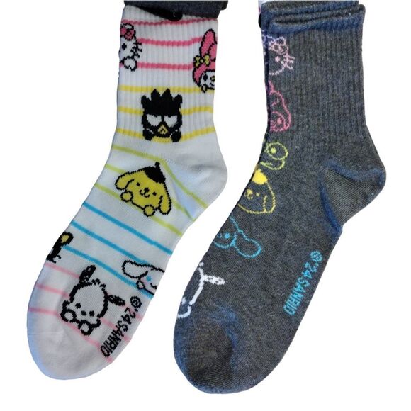 Hello Kitty and Friends 2 Pairs Grey Colorful Prints Mid Crew Socks NWT - Picture 2 of 15